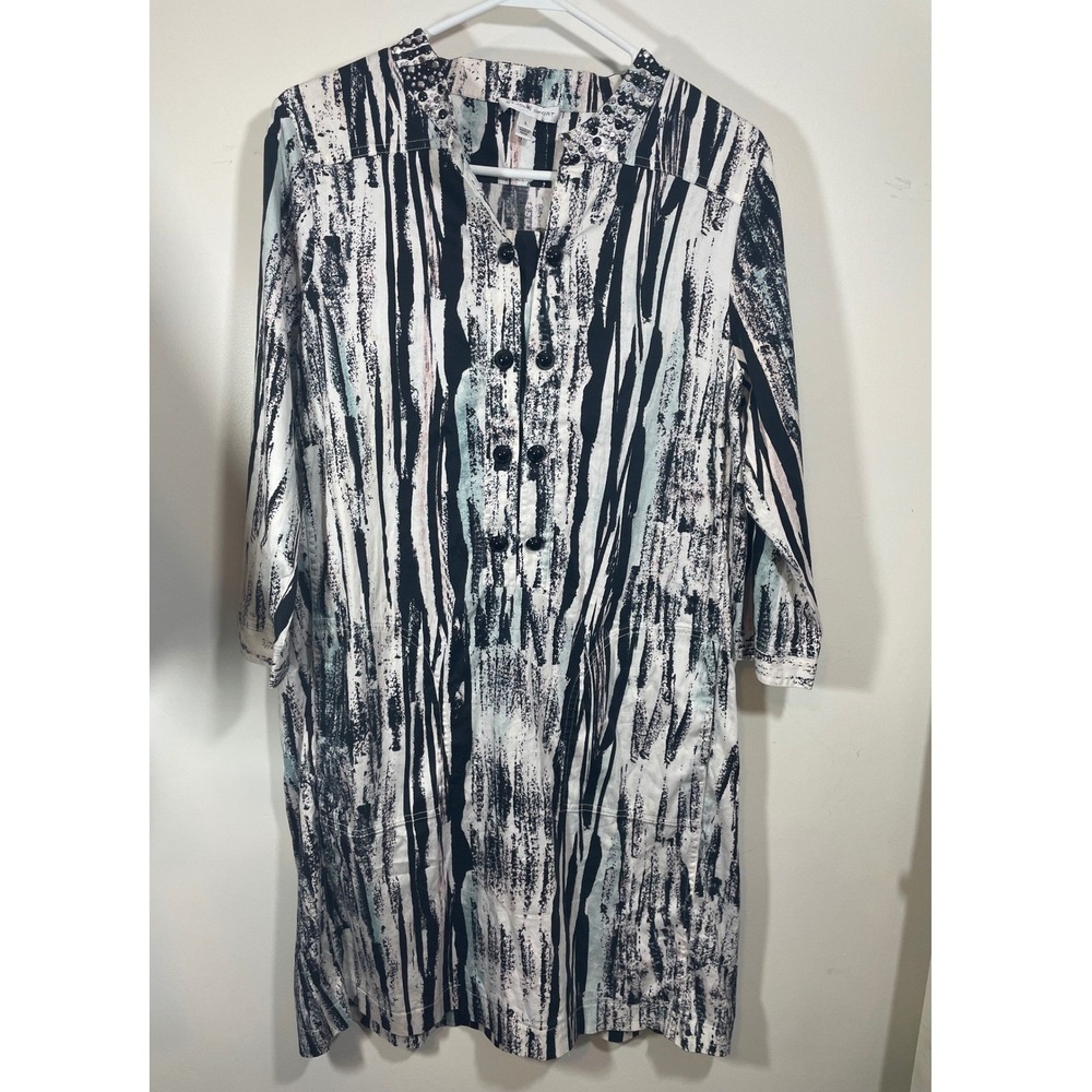 St. John Sport Tunic Dress Large Black White Abstract Studded Cotton Stretch